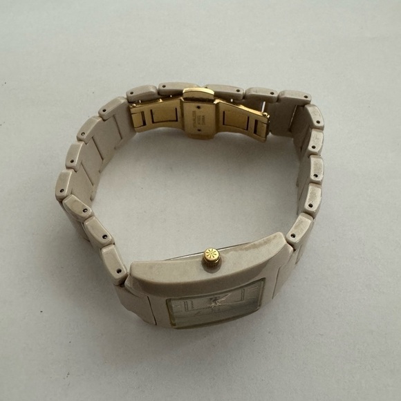 Isaac Mizrahi Live Ceramic Rectangular Dial Pale Taupe Gold Tone Watch